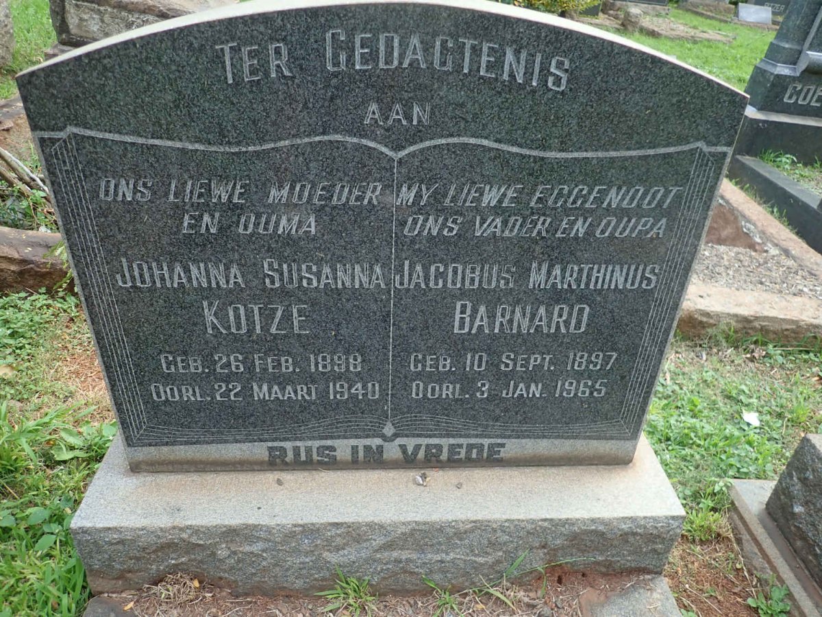 BARNARD Jacobus Marthinus 1897-1965 &amp; Johanna Susanna KOTZE 1898-1940