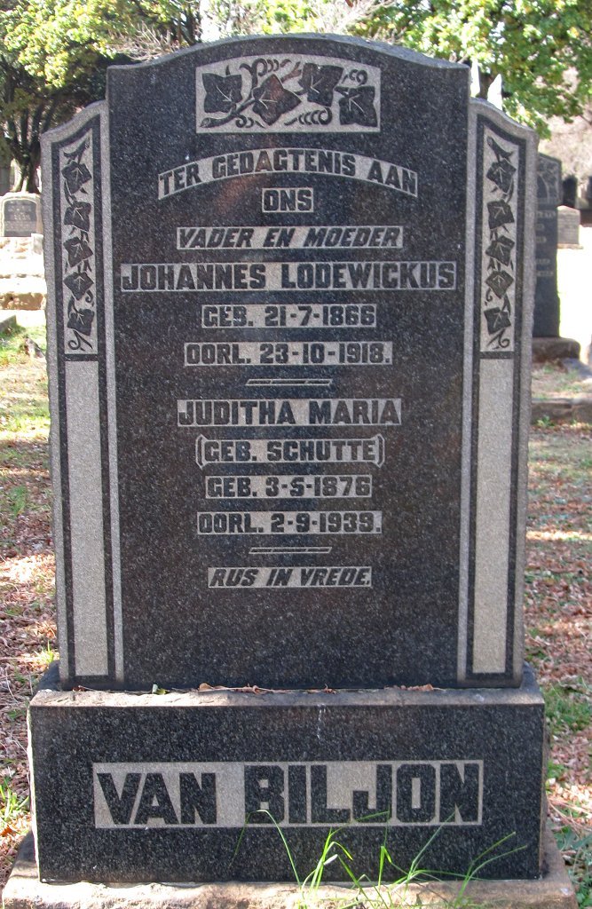 BILJON Johannes Lodewickus, van 1866-1918 &amp; Juditha Maria SCHUTTE 1876-1939