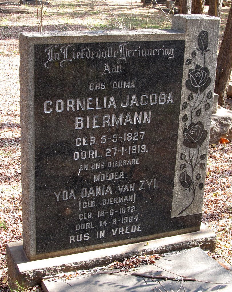 BIERMANN Cornelia Jacoba 1827-1919 :: VAN ZYL Yda Dania nee BIERMAN 1872-1964