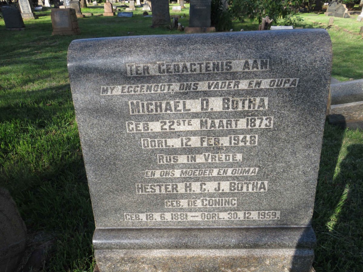 BOTHA Michael D. 1873-1948 &amp; Hester H.C.J. DE CONING 1881-1959