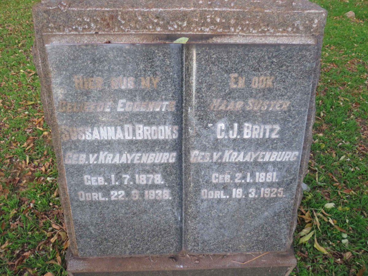 BROOKS Sussanna D. nee V. KRAAYENBURG 1878-1938 :: BRITZ C.J. nee V. KRAAYENBURG 1881-1925