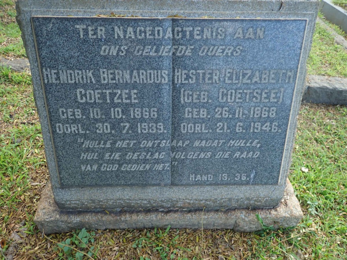 COETZEE Hendrik Bernardus 1866-1939 &amp; Hester Elizabeth COETSEE 1868-1946
