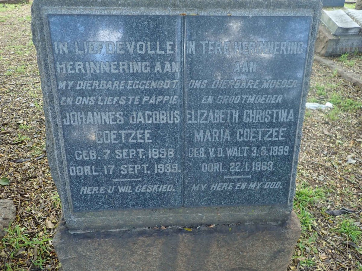COETZEE Johannes Jacobus 1898-1939 &amp; Elizabeth Christina Maria V.D. WALT 1899-1963