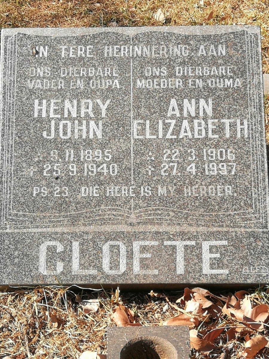 CLOETE Henry John 1895-1940 &amp; Ann Elizabeth 1906-1997