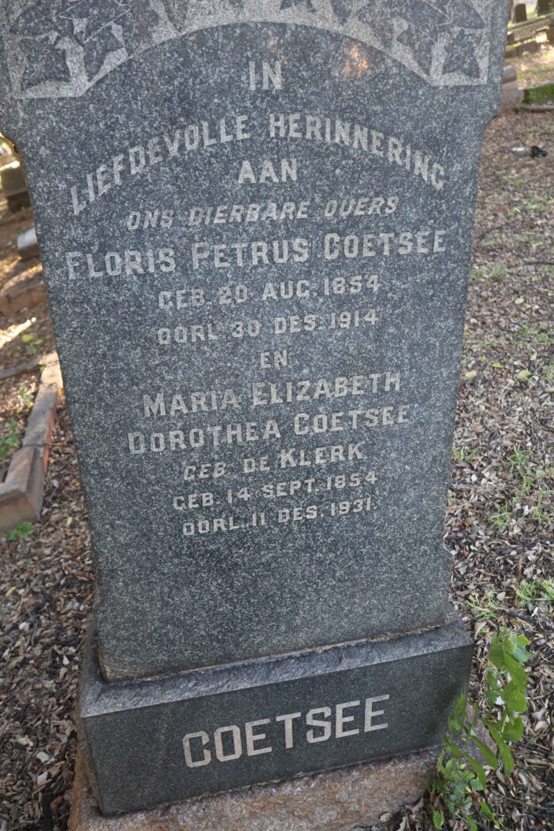 COETSEE Floris Petrus 1854-1914 &amp; Maria Elizabeth Dorothea de KLERK 1854-1931