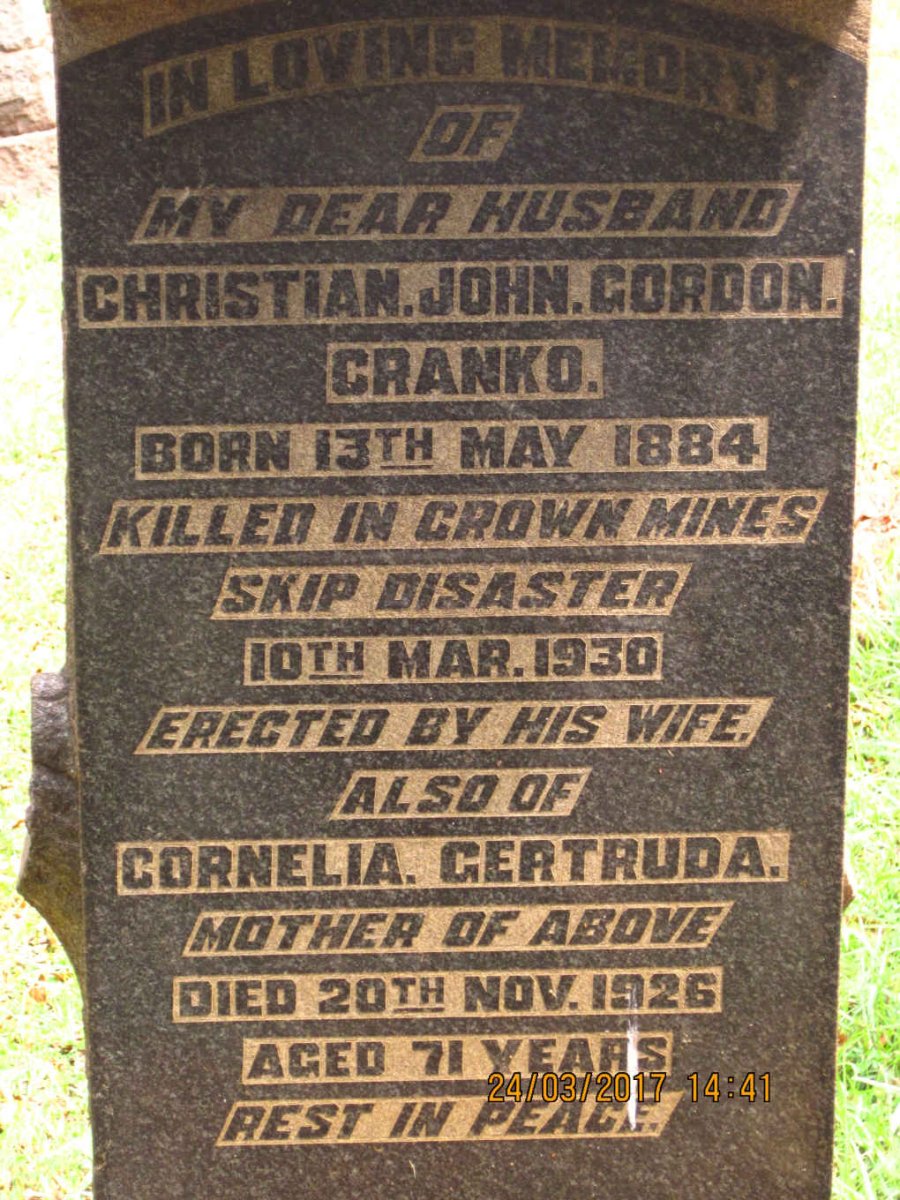 CRANKO Cornelia Gertruda -1926 :: CRANKO Christian John Gordon 1884-1930