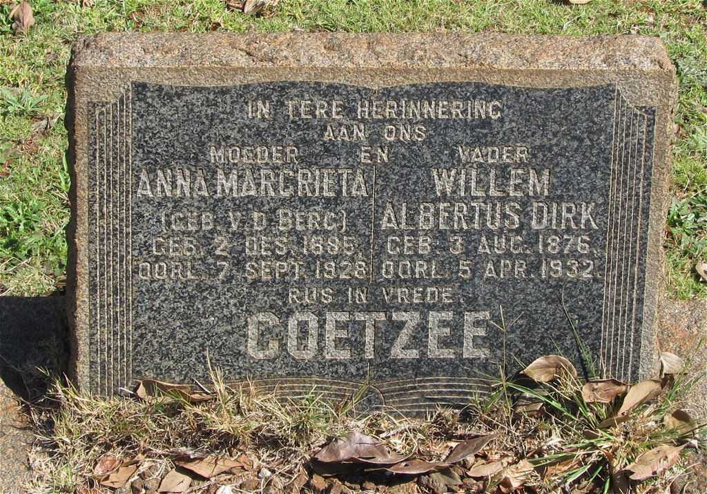 COETZEE Willem Albertus Dirk 1876-1932 &amp; Anna Margrieta V.D. BERG 1885-1928