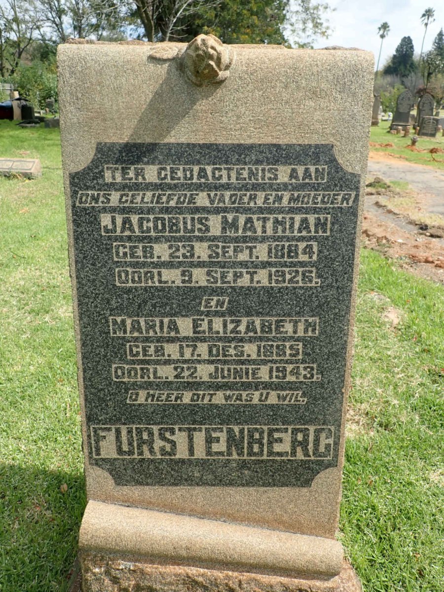FURSTENBERG Jacobus Mathian 1884-1926 &amp; Maria Ellizabeth 1885-1943