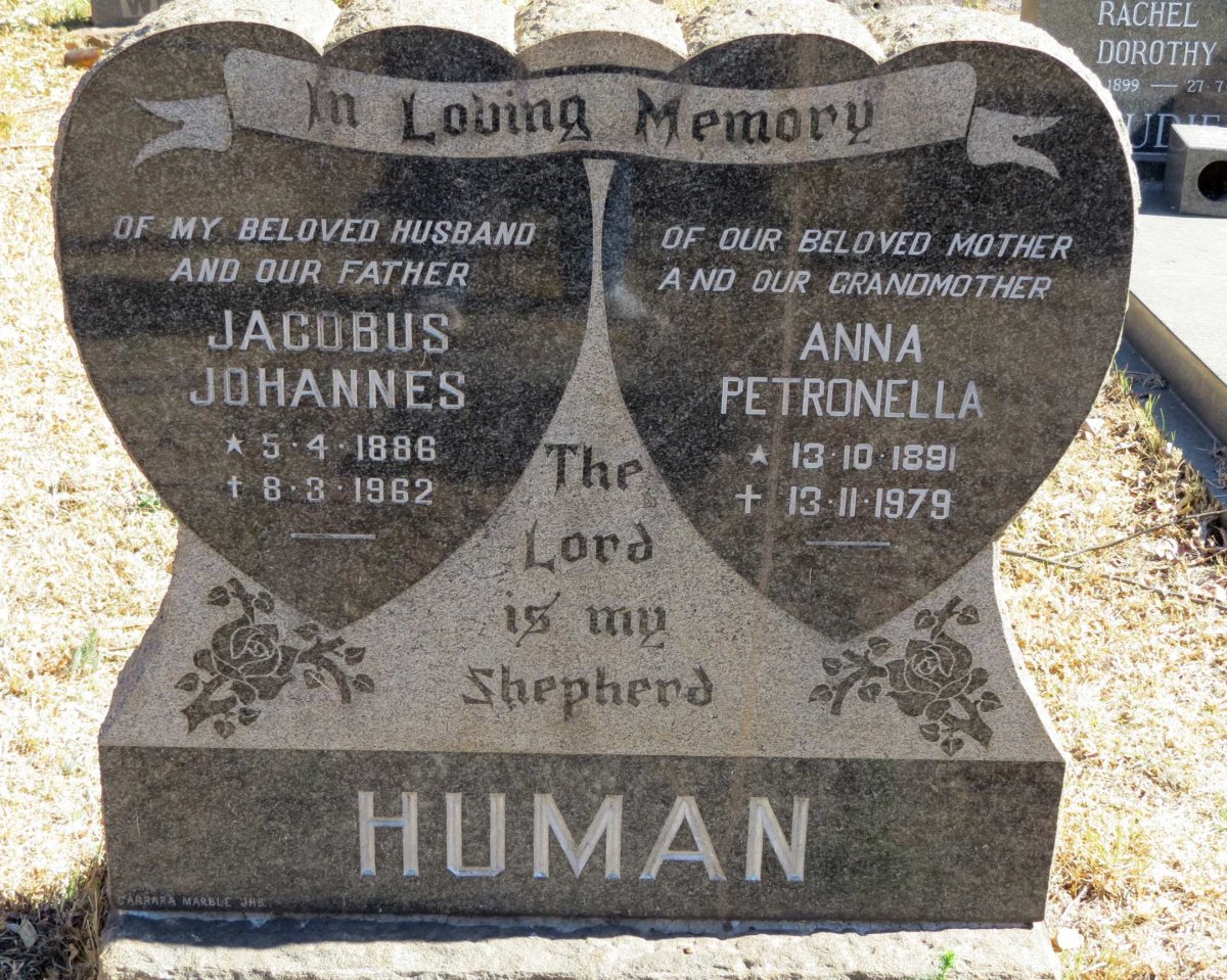 HUMAN Jacobus Johannes 1886-1962 &amp; Anna Petronella 1891-1979