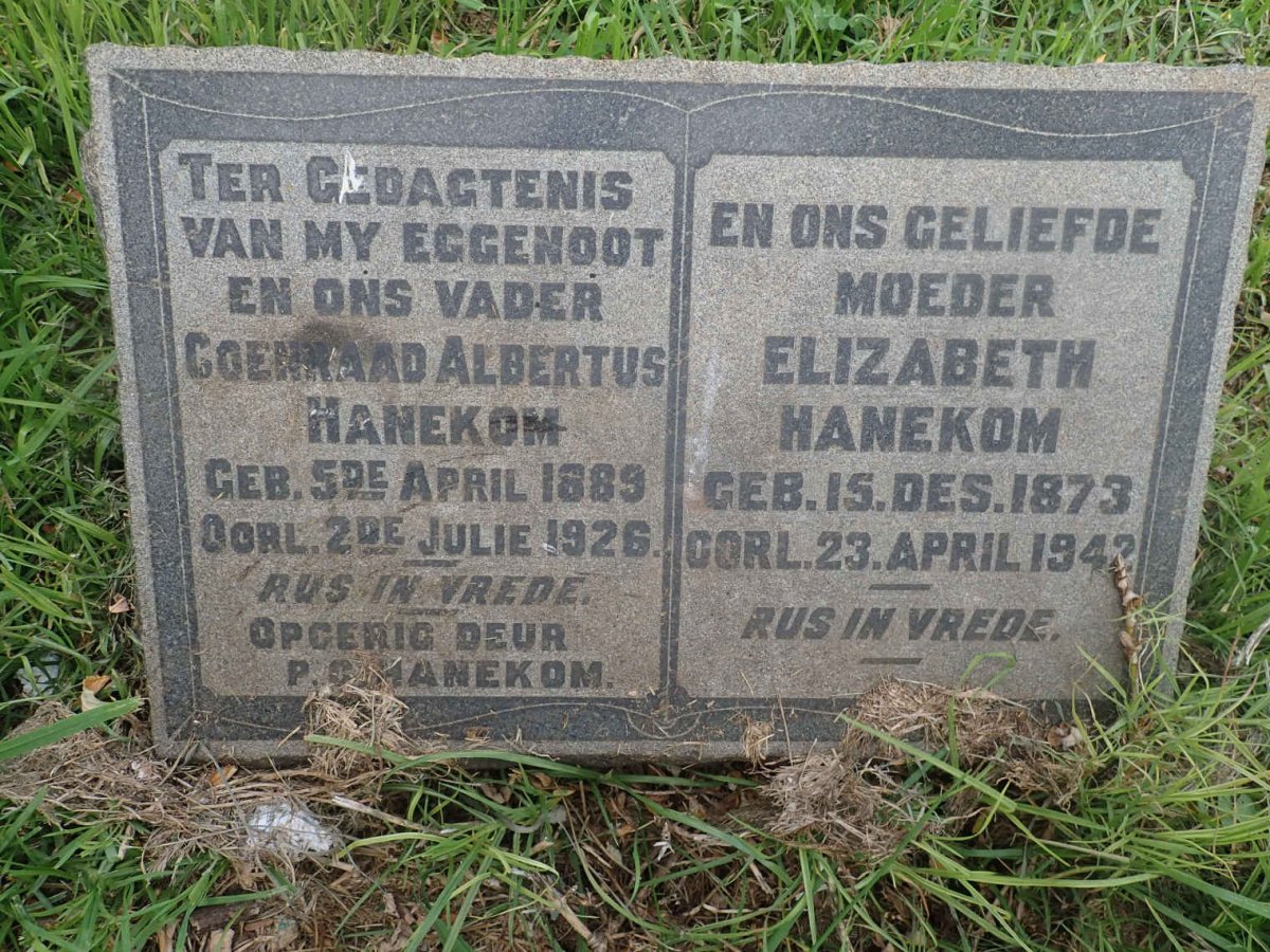 HANEKOM Coenraad Albertus 1889-1926 &amp; Elizabeth 1873-1942