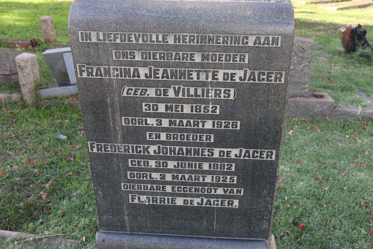 JAGER Francina Jeannette, de nee DE VILLIERS 1852-1926 :: DE JAGER Frederick Johannes 1882-1925
