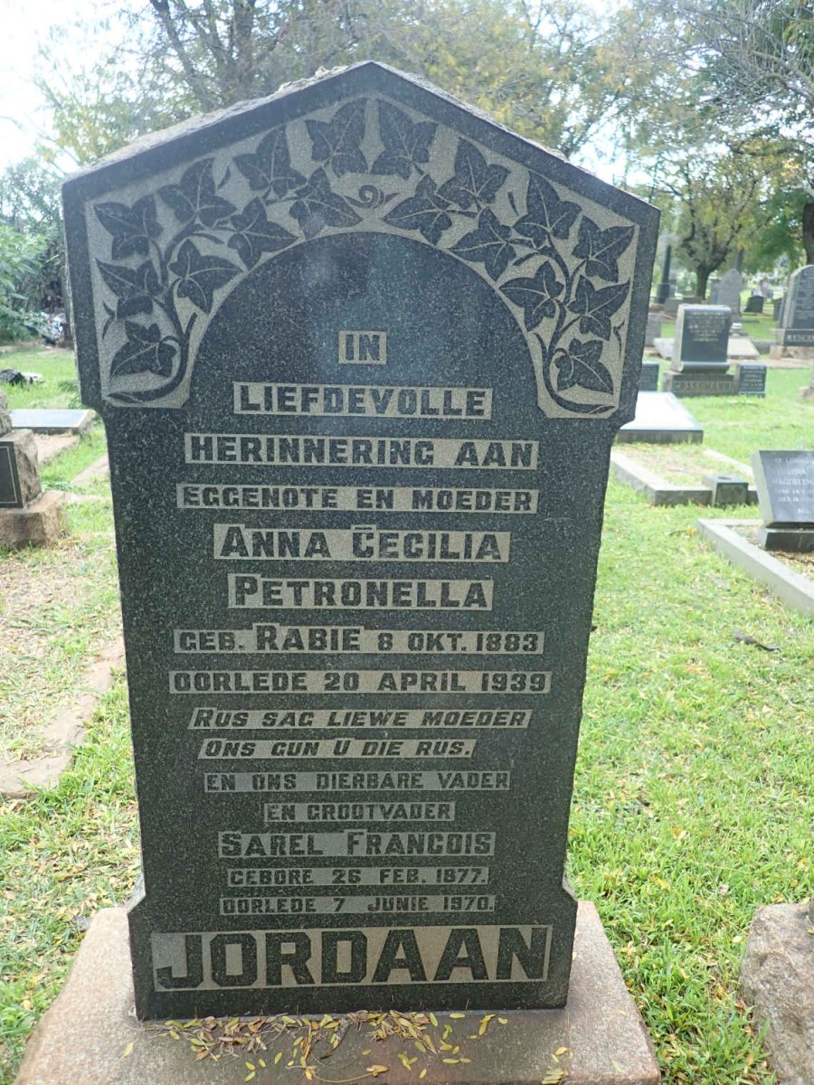 JORDAAN Sarel Francois 1877-1970 &amp; Anna Cecilia Petronella RABIE 1883-1939