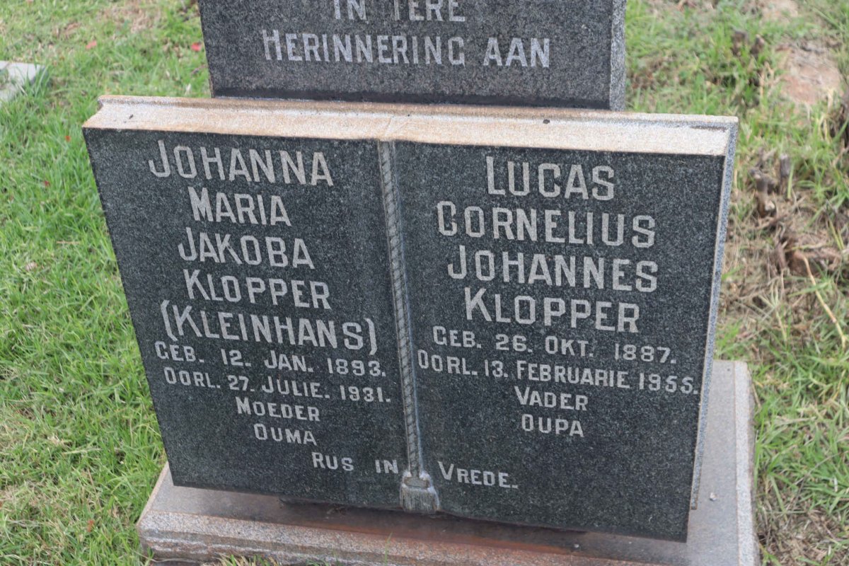 KLOPPER Lucas Cornelius Johannes 1887-1955 &amp; Johanna Maria Jakoba KLEINHANS 1893-1931
