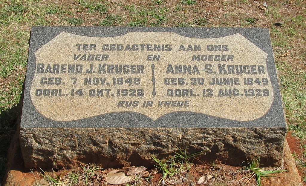 KRUGER Barend J. 1848-1928 &amp; Anna S. 1849-1929