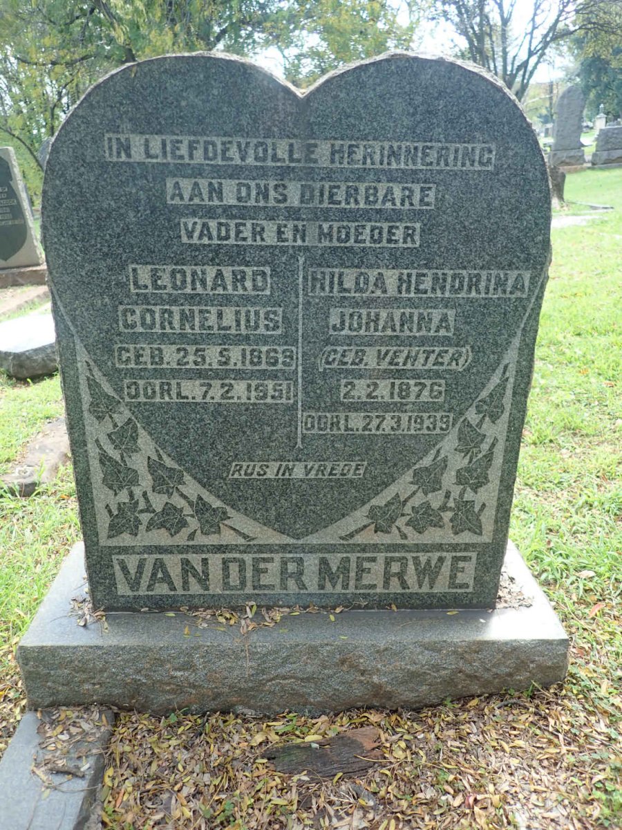 MERWE Leonard Cornelius, van der 1869-1951 &amp; Hilda Hendrina Johanna VENTER 1876-1939
