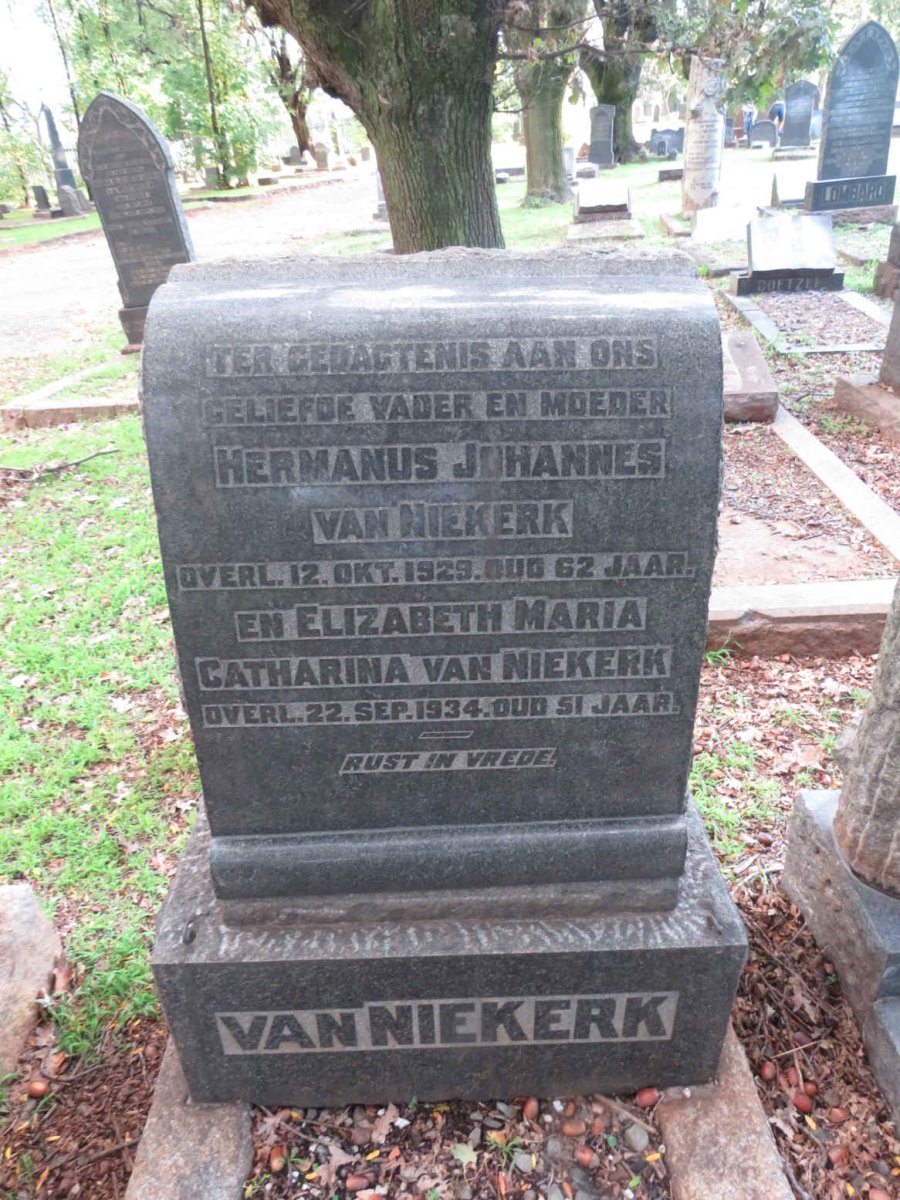NIEKERK Hermanus Johannes, van -1929 &amp; Elizabeth Maria Catharina -1934