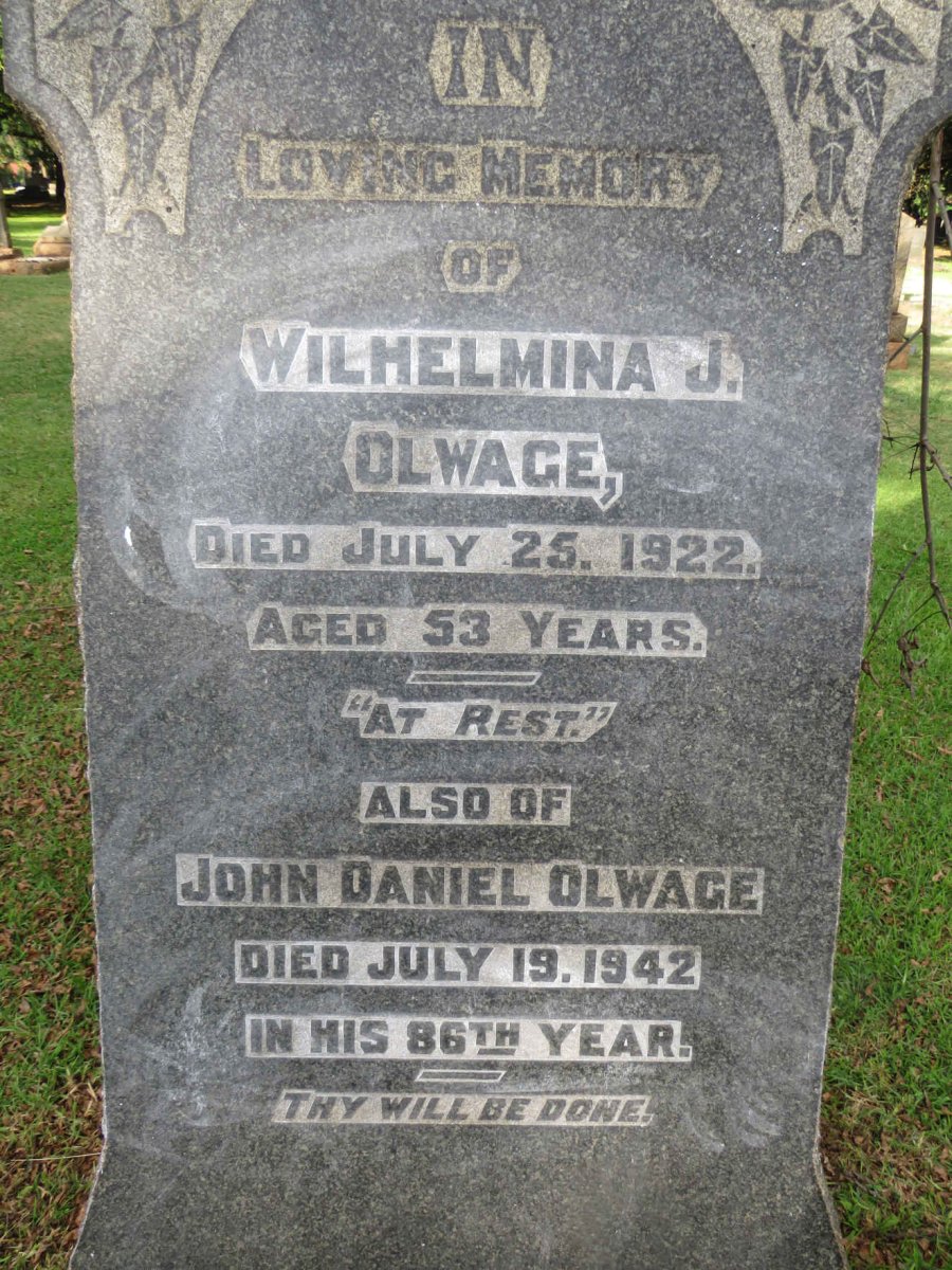 OLWAGE John Daniel -1942 &amp; Wilhelmina J. -1922