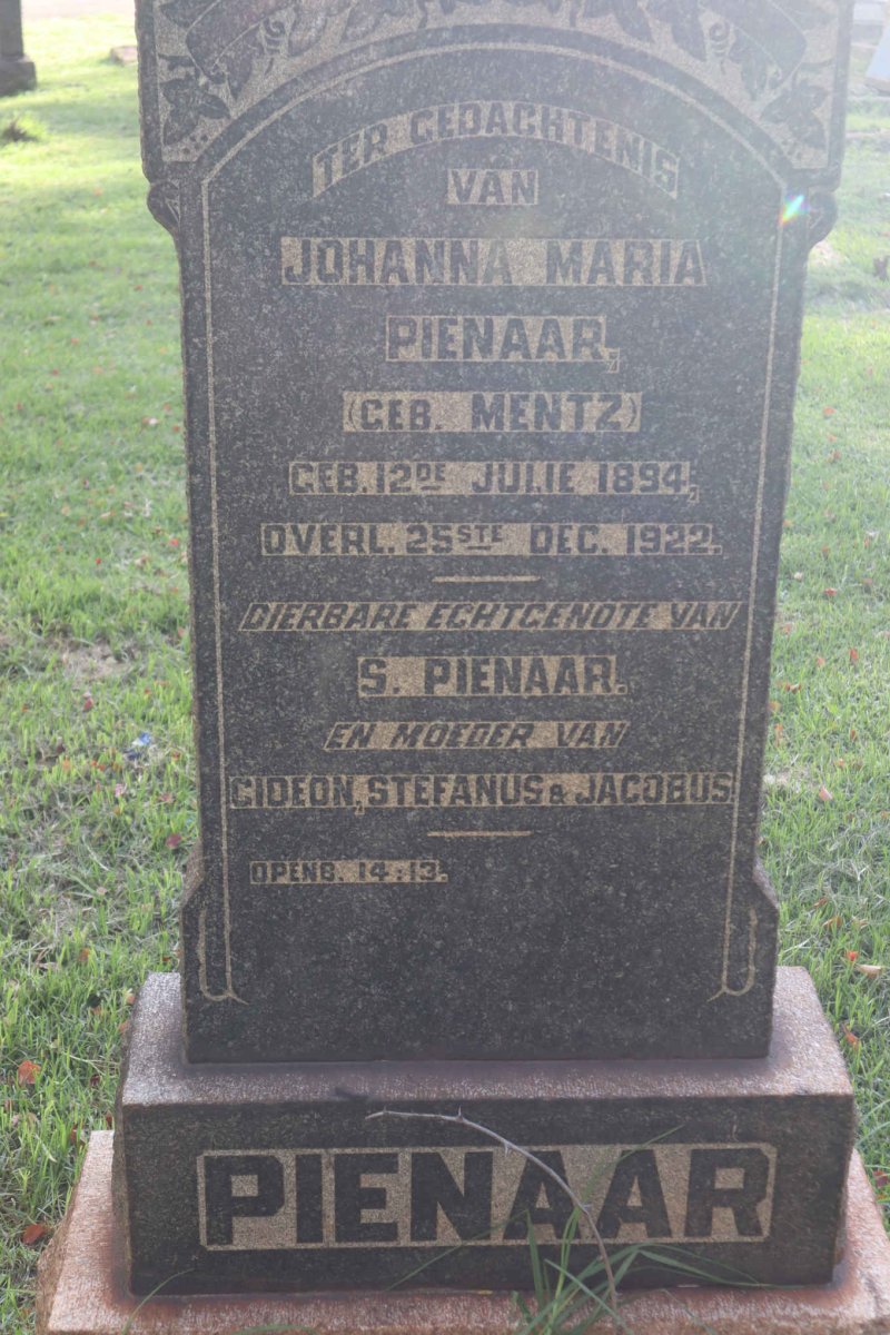 PIENAAR Johanna Maria nee MENTZ 1894-1922