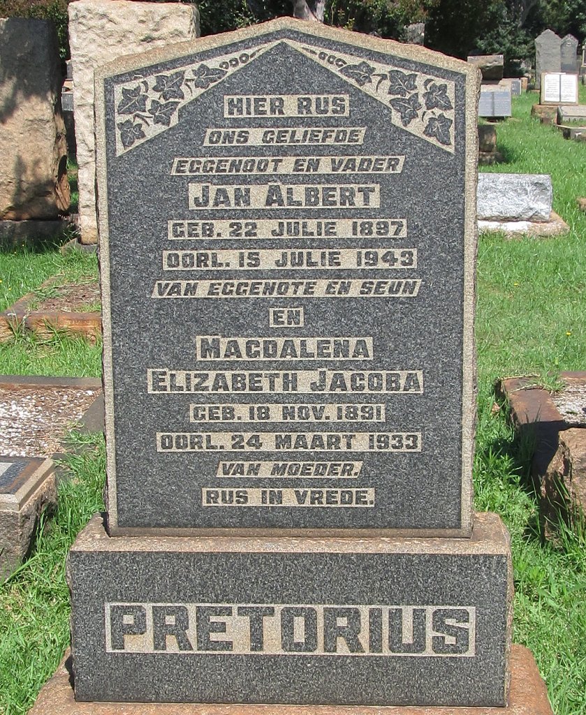 PRETORIUS Jan Albert 1897-1943 :: PRETORIUS Magdalena Elizabeth Jacoba 1891-1933