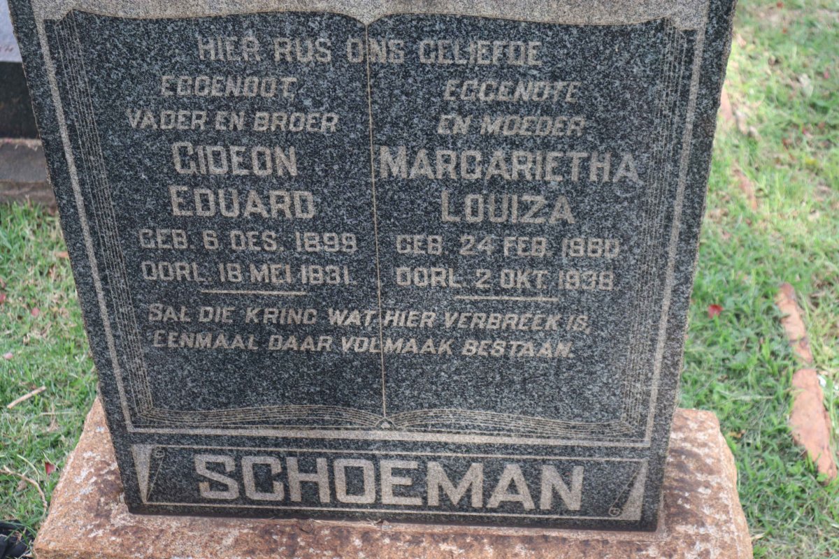 SCHOEMAN Margarietha Louiza 18?0-1938 :: SCHOEMAN Gideon Eduard 1898-1931