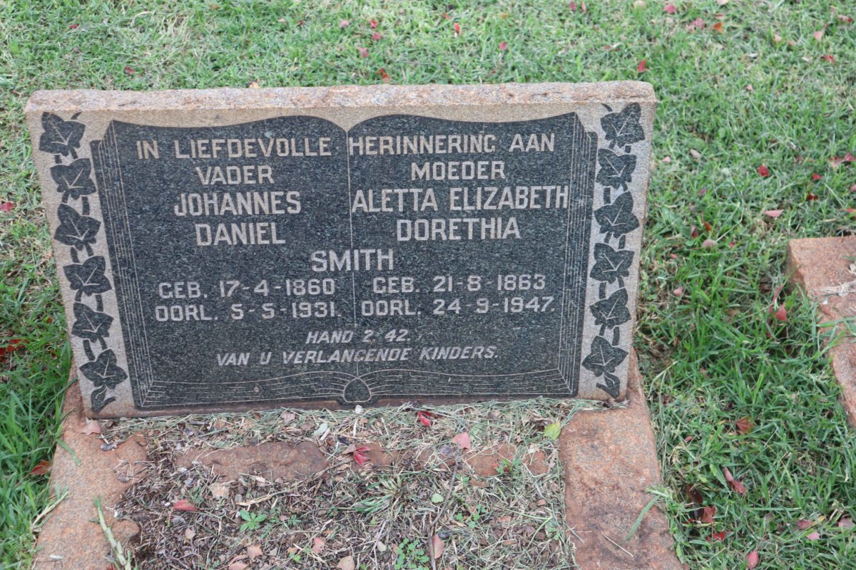 SMITH Johannes Daniel 1860-1931 &amp; Aletta Elizabeth Dorethia 1863-1947