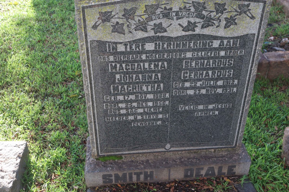 SMITH Magdalena Johanna Magrietha 1888-1956 :: DEALE Bernardus Gerhardus 1912-1931