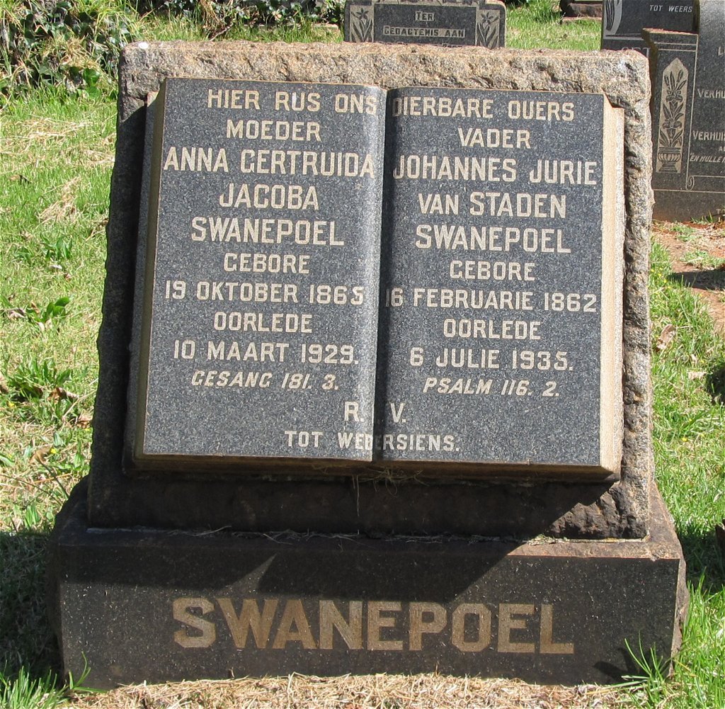 SWANEPOEL Johannes Jurie Van Staden 1862-1935 &amp; Anna Gertruida Jacoba 1895-1929
