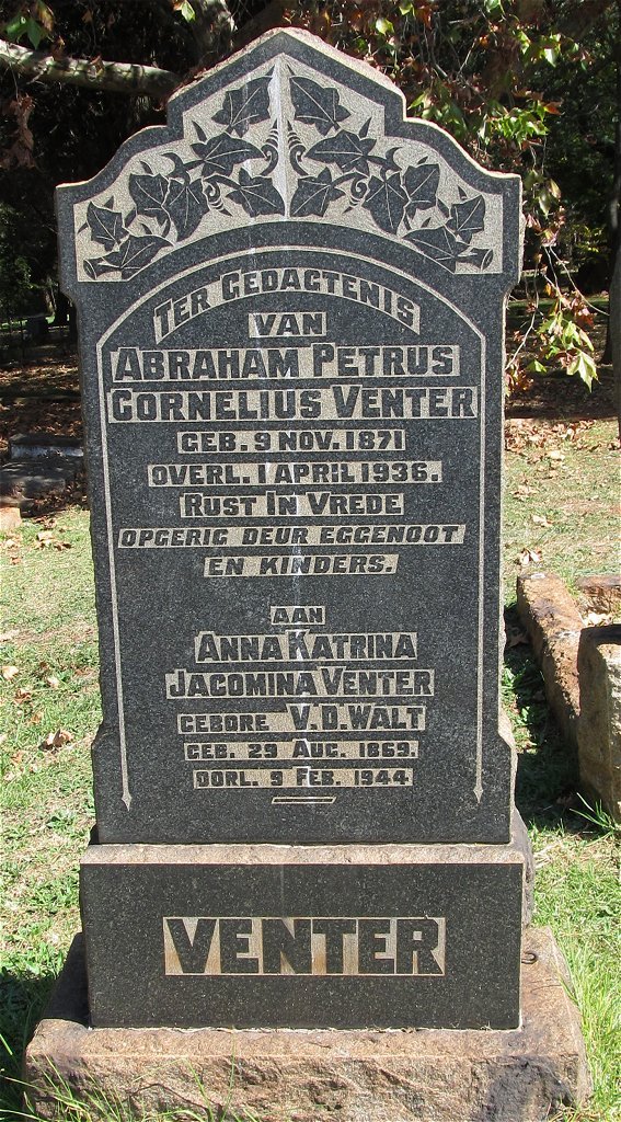 VENTER Abraham Petrus Cornelius 1871-1936 &amp; Anna Katrina Jacomina V.D. WALT 1869-1944
