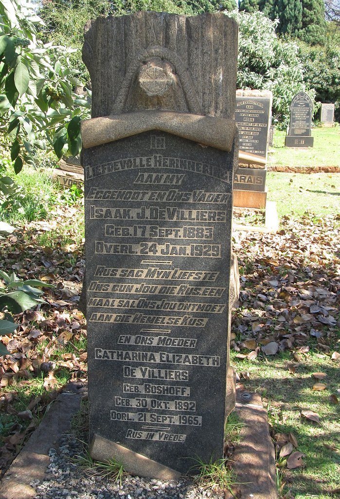 VILLIERS Isaak J., de 1883-1929 &amp; Catharina Elizabeth BOSHOFF 1892-1965