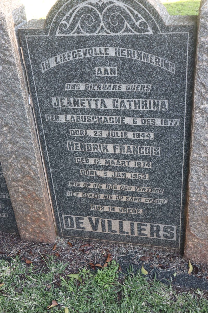 VILLIERS Hendrik Francois, de 1874-1953 &amp; Jeanetta Cathrina LABUSCHAGNE 1877-1944
