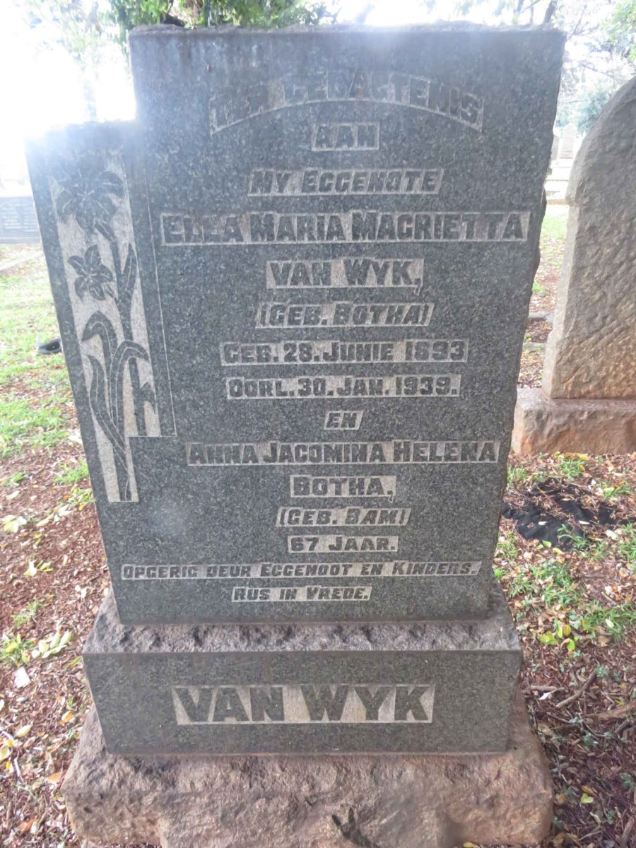 WYK Ella Maria Margrietta nee BOTHA 1893-1939 :: BOTHA  Anna Jacomina Helena nee BAM 