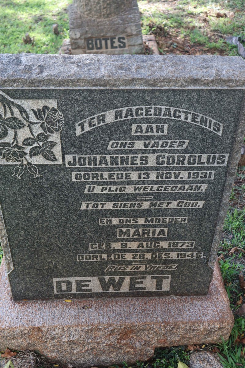 WET Johannes Corolus, de -1931 &amp; Maria 1873-1946