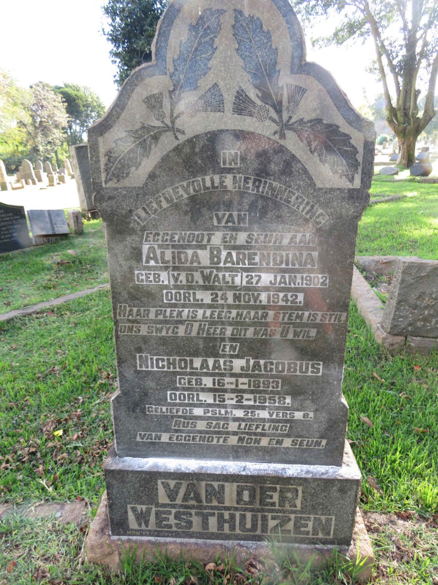 WESTHUIZEN Nicholaas Jacobus, van der  1893-1958 &amp;  Alida Barendina V.D.WALT 1902-1942
