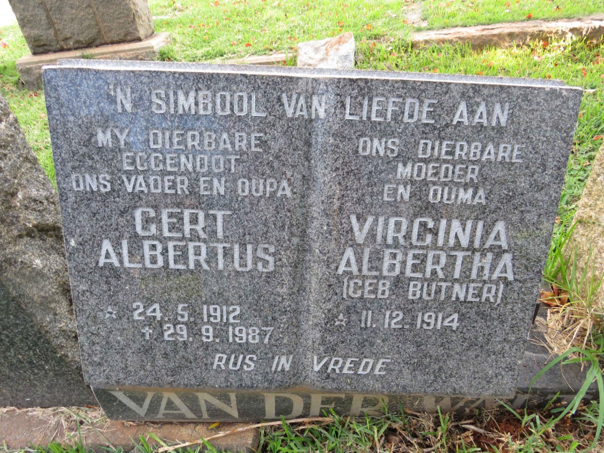 WALT Gert Albertus, van der 1912-1987 &amp; Virginia Albertha BUTNER 1914-
