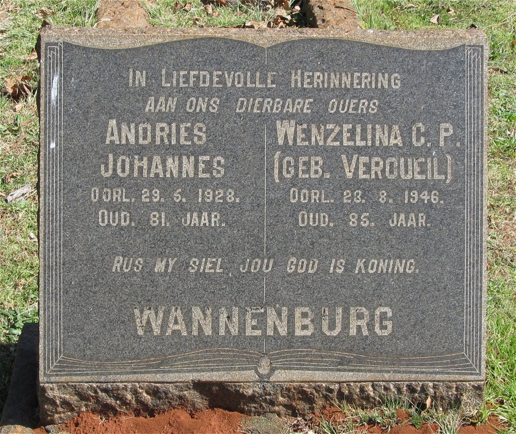 WANNENBURG Andries Johannes -1928 &amp; Wenzelina C.P. VERCUEIL -1946