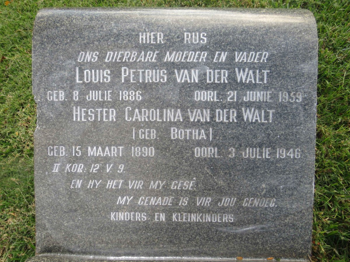 WALT Louis Petrus, van der 1886-1959 &amp; Hester Carolina BOTHA 1890-1946