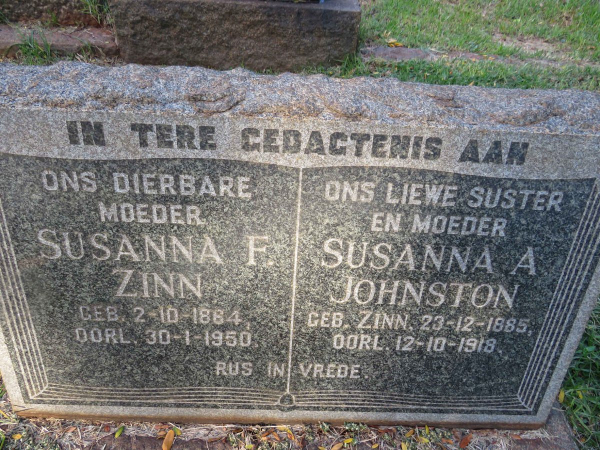 ZINN Susanna F. 1864-1950  :: JOHNSTON Susanna A. nee ZINN 1885-1918