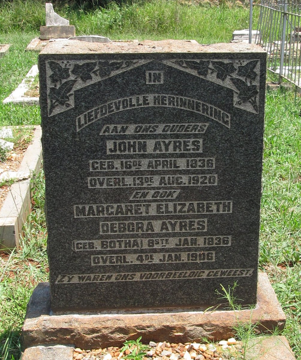 AYRES John 1836-1920 &amp; Margaret Elizabeth Debora BOTHA 1836-1906