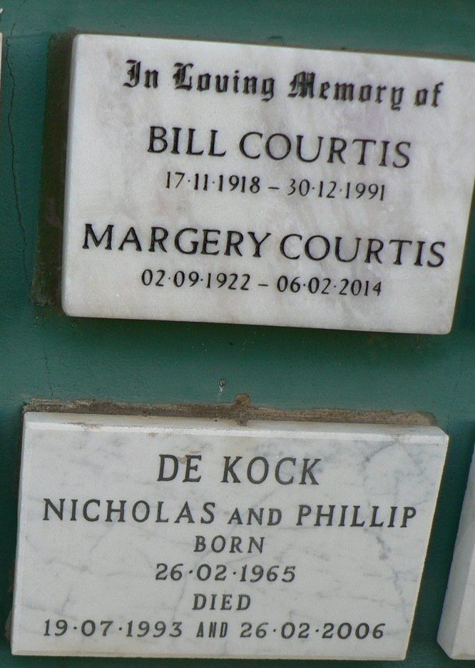 COURTIS Bill 1918-1991 &amp; Margery 1922-2014 :: DE KOCK Nicholas 1965-1993 :: DE KOCK Phillip 1965-2006