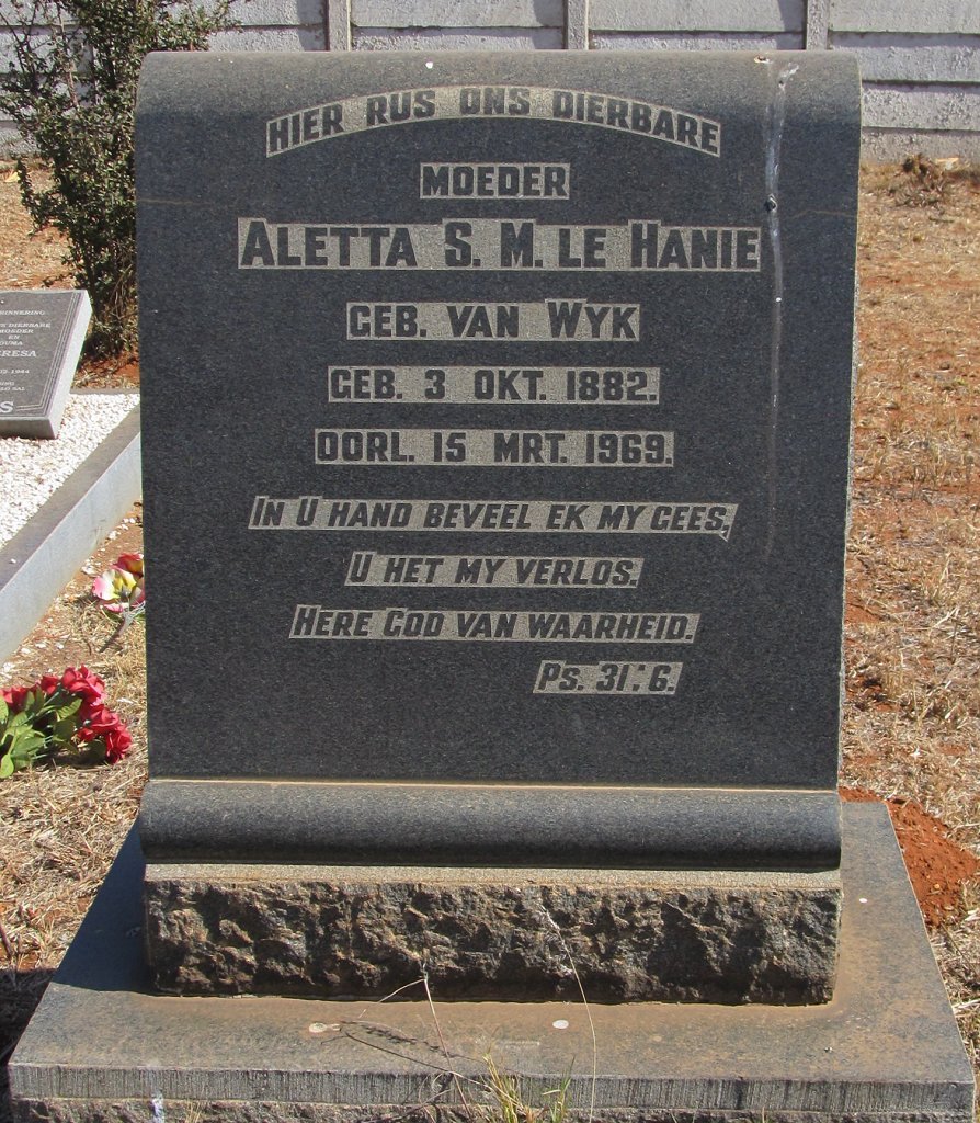 HANIE Aletta S.M., le nee VAN WYK 1882-1969
