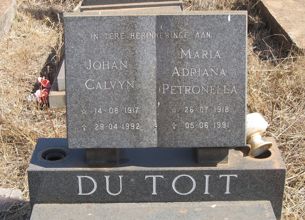 TOIT Johan Calvyn, du 1917-1992 &amp; Maria Adriana Petronella 1918-1991