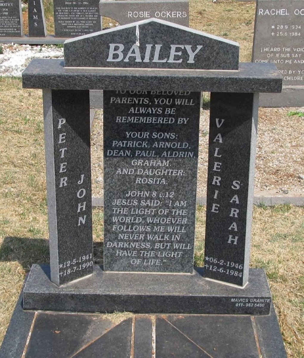 BAILEY Peter John 1941-1990 &amp; Valerie Sarah 1946-1984