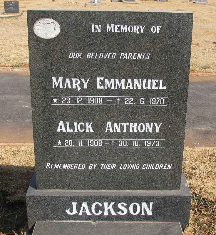 JACKSON Alick Anthony 1908-1973 &amp; Mary Emmanuel 1908-1970