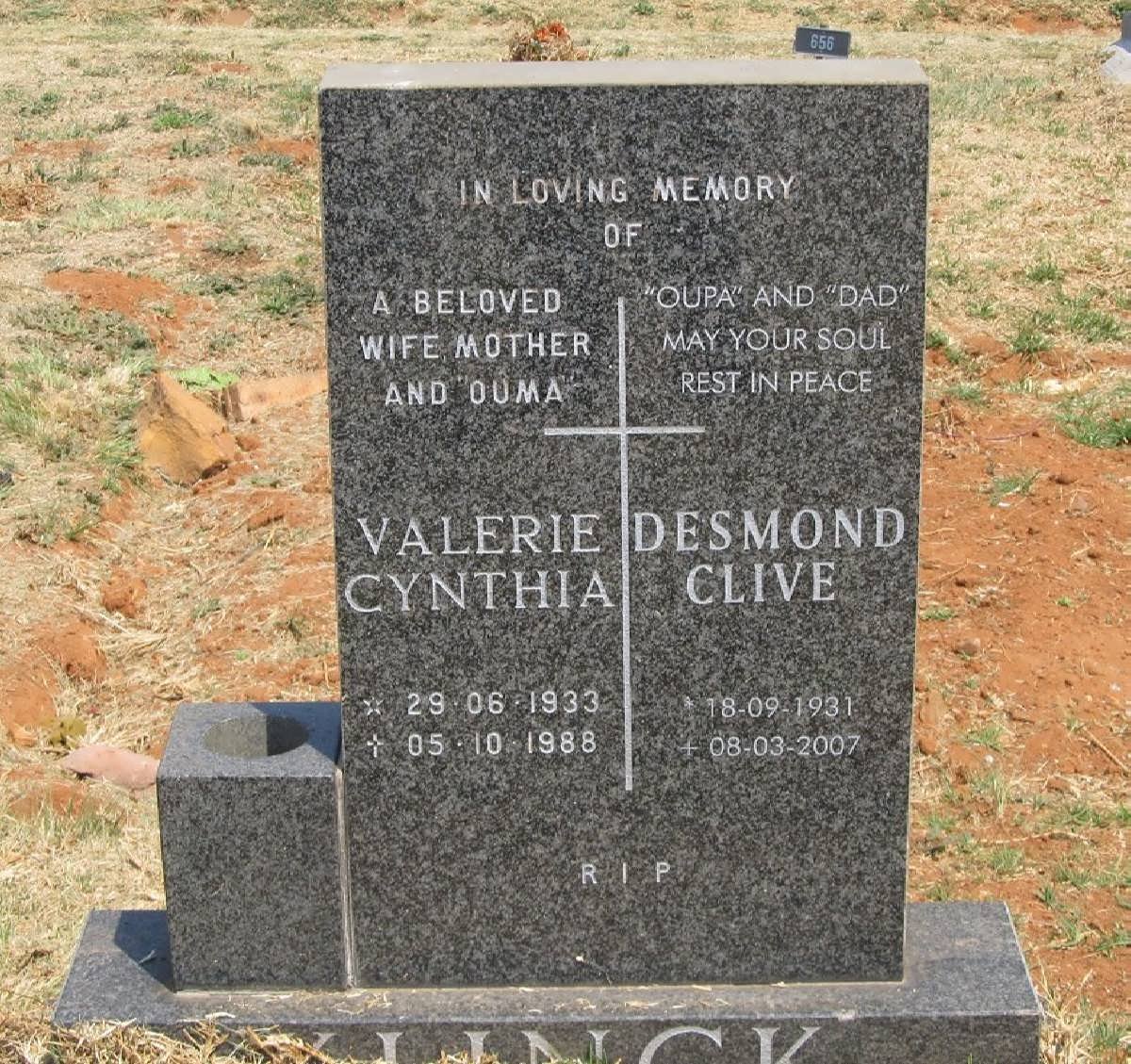 KLINCK Desmond Clive 1931-2007 &amp; Valerie Cynthia 1933-1988