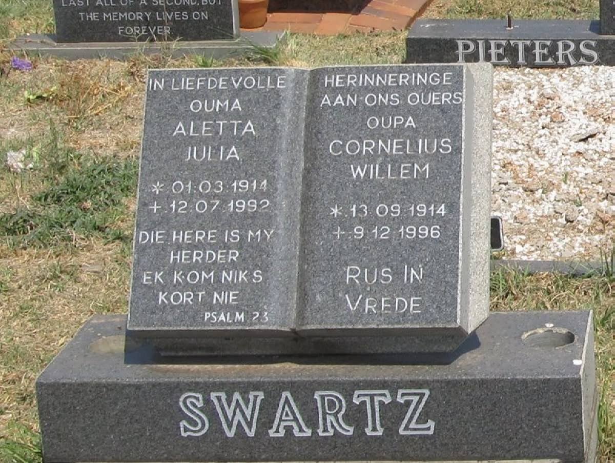 SWARTZ Cornelius Willem 1914-1996 &amp; Aletta Julia 1914-1992