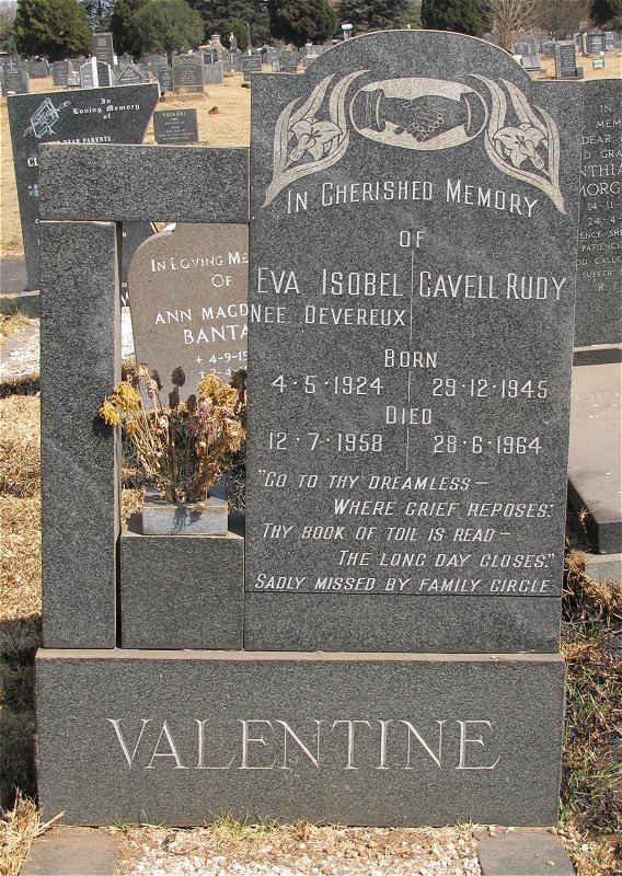 VALENTINE Eva Isobel nee DEVEREUX 1924-1958 :: VALENTINE Cavell Rudy 1945-1964