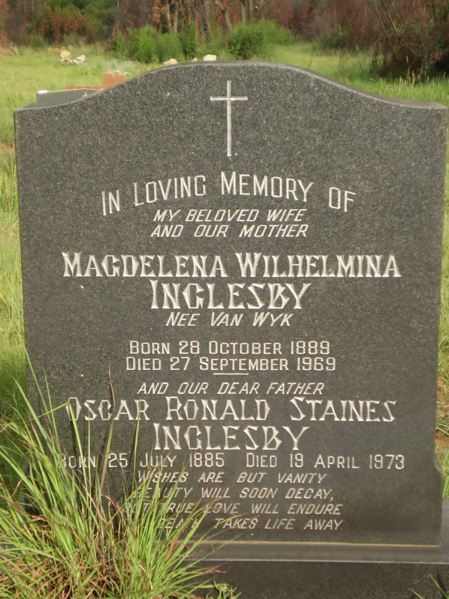 INGELSBY Oscar Ronald Staines 1885-1973 &amp; Magdelena Wilhelmina VAN WYK  1889-1969