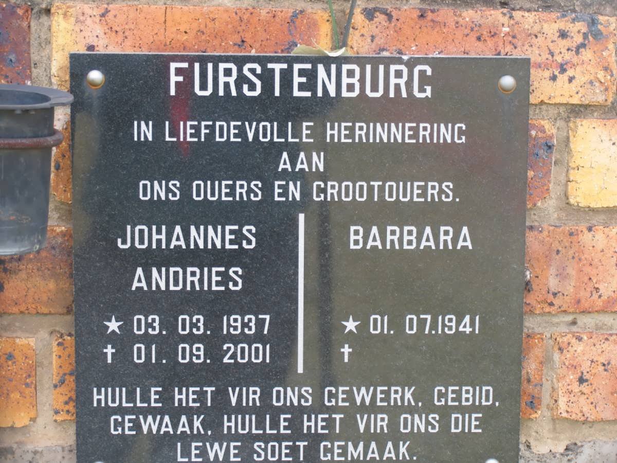 FURSTENBURG Johannes Andries 1937-2002 &amp; Barbara 1941-