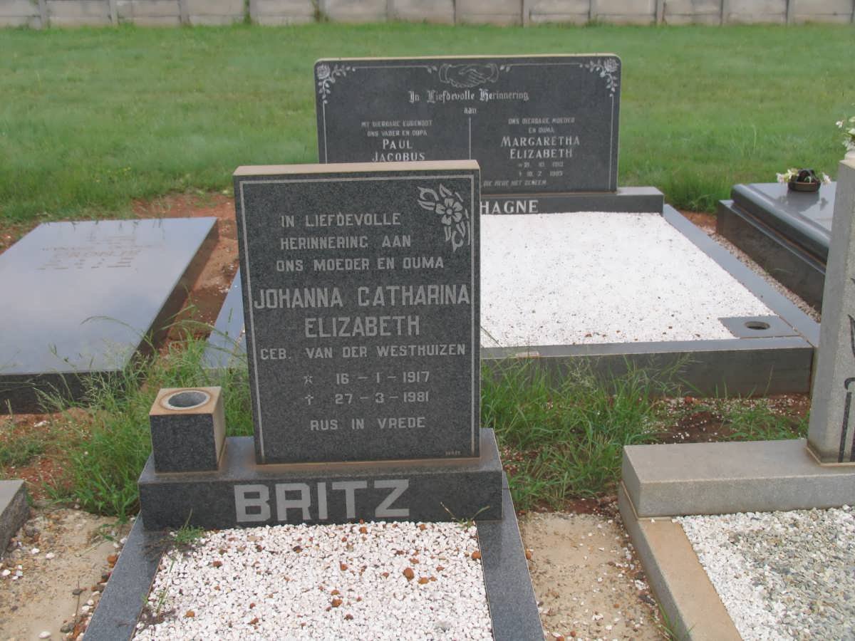 BRITZ Johanna Catharina Elizabeth nee VAN DER WESTHUIZEN 1917-1981