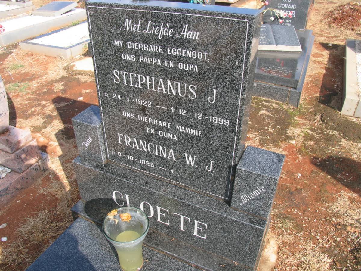 CLOETE Stephanus J. 1922-1999 &amp; Francina W.J. 1926-